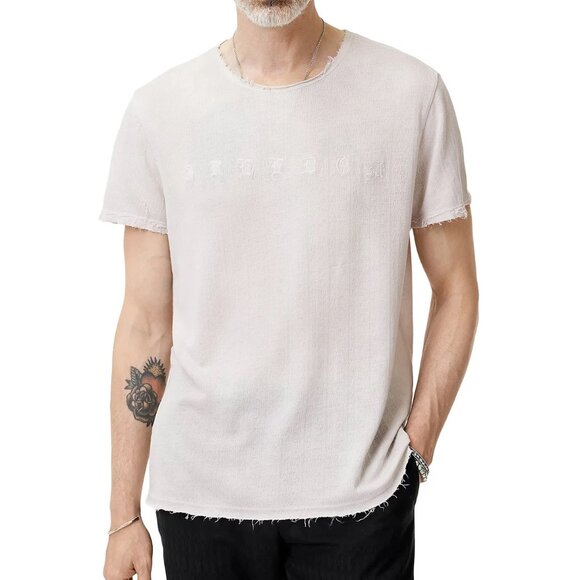 John Varvatos Men's Freedom Embroidered SS Crew T-Shirt Frayed Raw Edges Salt - Picture 1 of 7